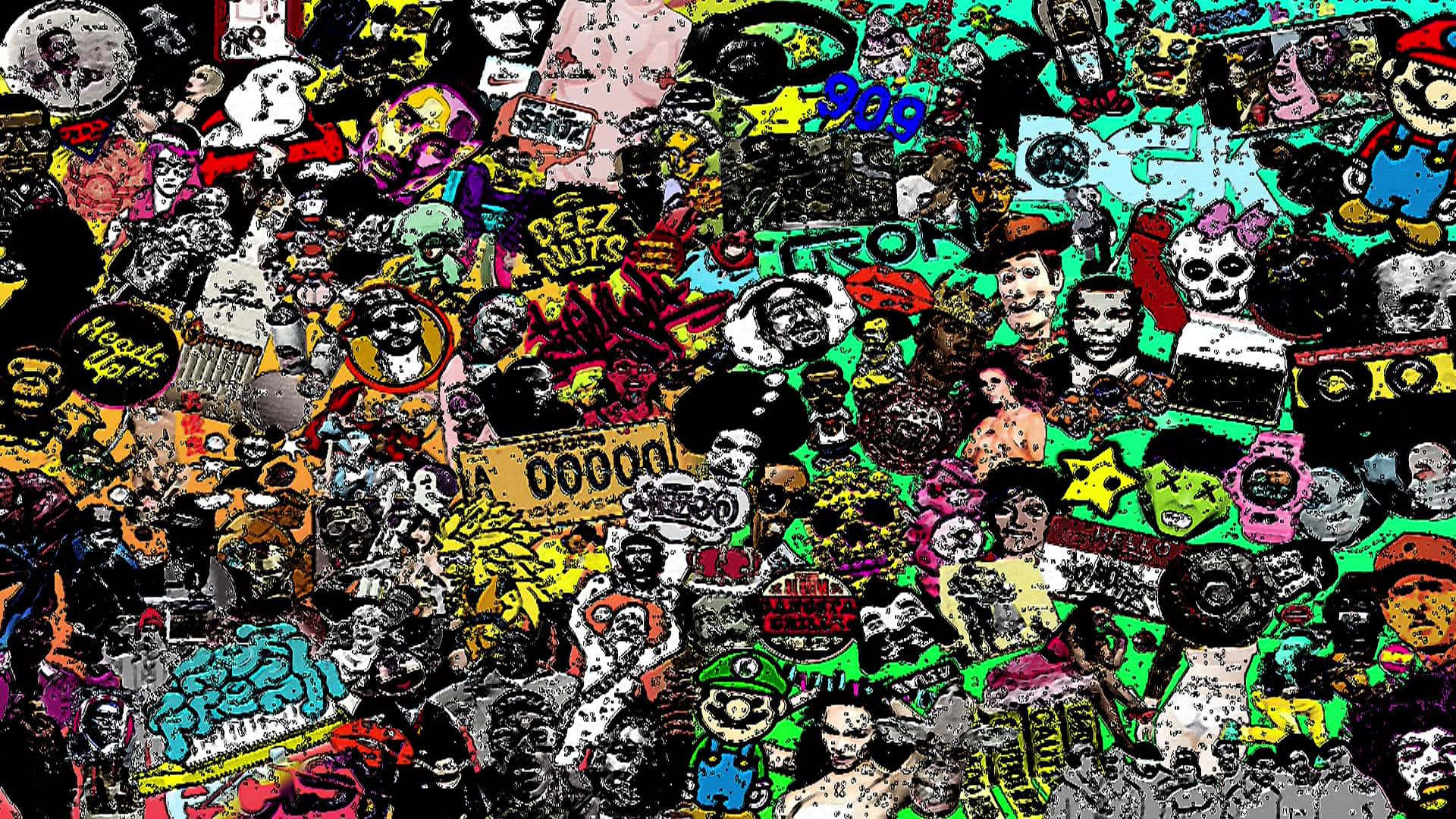 Cartoon Collage 桌布 壁紙 — 一個混亂的拼貼畫，由色彩繽紛的卡通角色貼紙和塗鴉元素重疊而成，形成充滿活力的雜亂圖案。