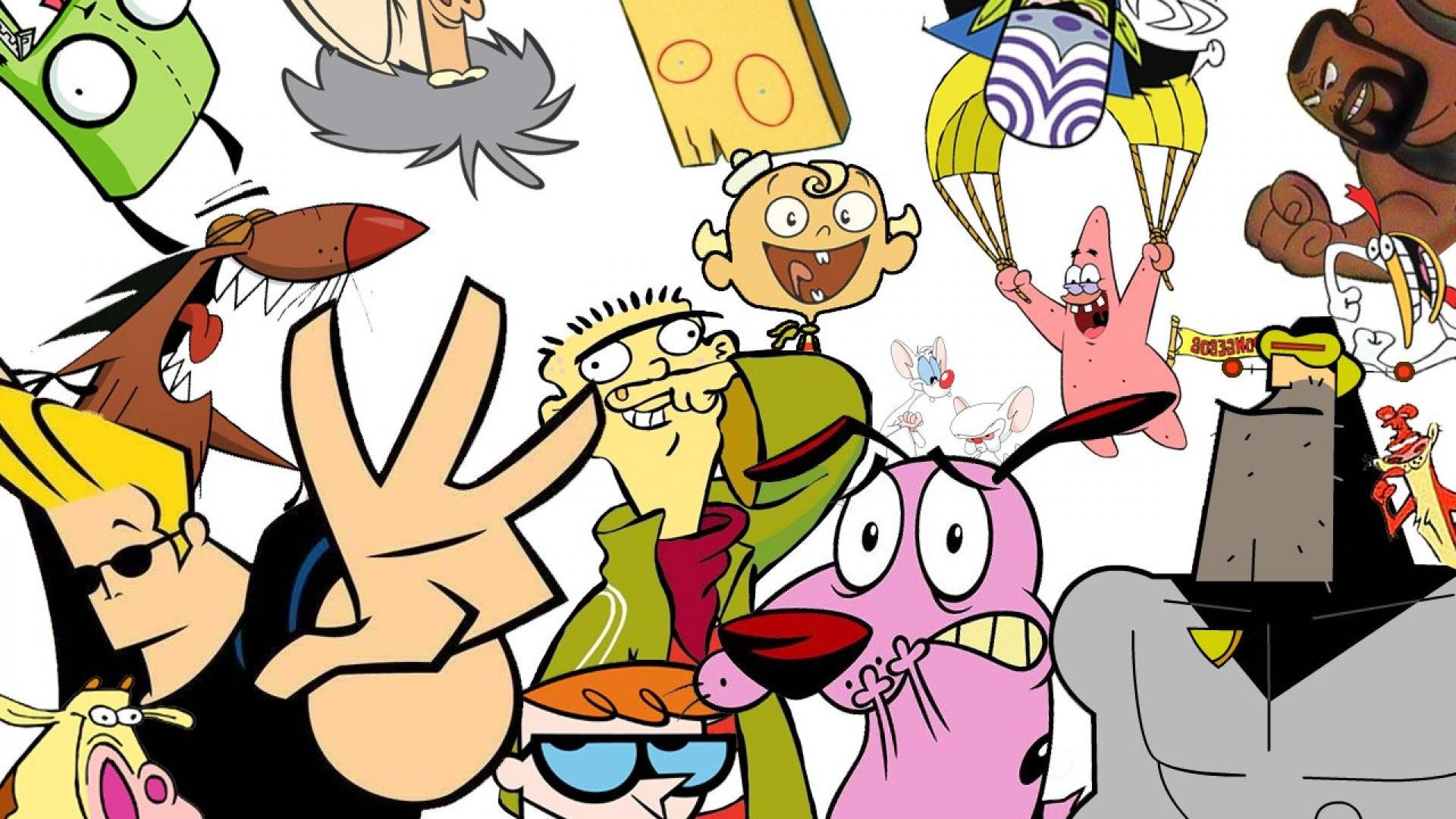 Cartoon Network Characters 桌布 壁紙 — 一個混亂的拼貼畫，由色彩鮮豔的動畫卡通角色在白色背景前充滿活力地擺姿勢組成。