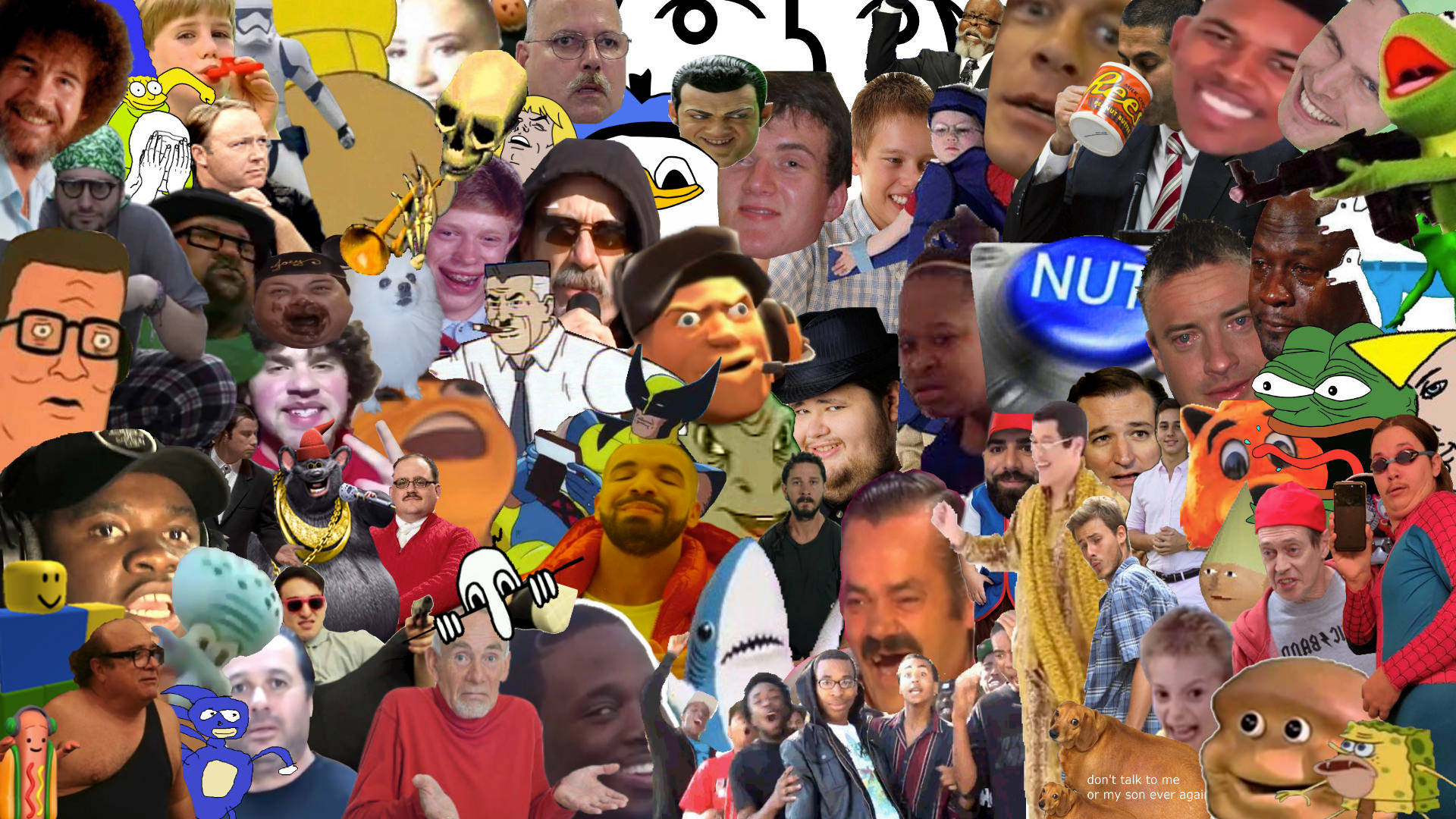 faces 桌布 壁紙 — 一個混亂的拼貼畫，由著名面孔和卡通角色重疊組成，色彩鮮豔且密集。