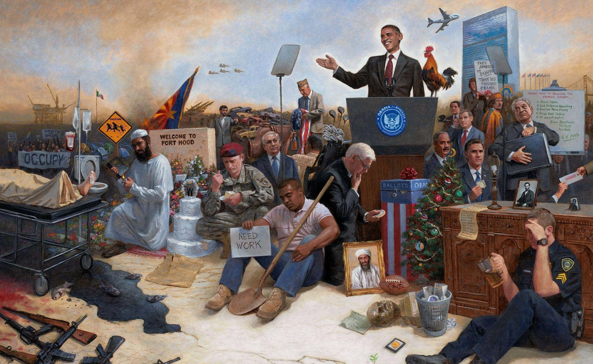 Painting 桌布 壁紙 — 一個混亂的政治拼貼畫，巴拉克·歐巴馬在講台上發言，周圍環繞著各種抗議場景和美國生活的象徵。