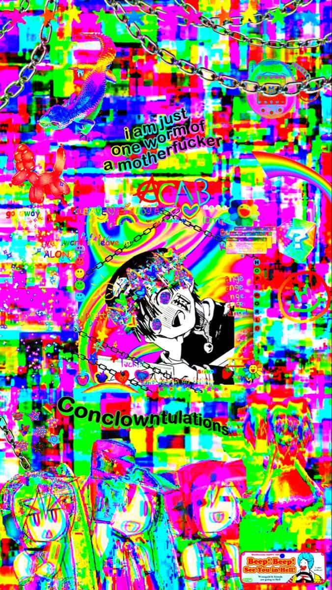 Pfp 桌布 壁紙 — 一個混亂的故障藝術拼貼，包含動漫角色、鎖鏈、彩虹和霓虹色的粗體文字。