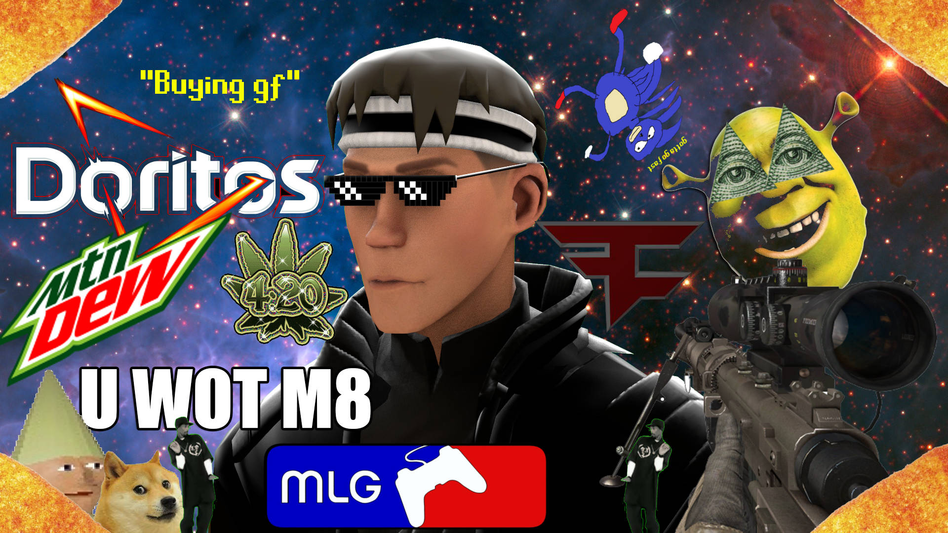 meme 桌布 壁紙 — 一個混亂的數位拼貼，一個戴著像素太陽眼鏡的男人拿著步槍，背景是星空，還有Doritos、Mountain Dew和史瑞克迷因。