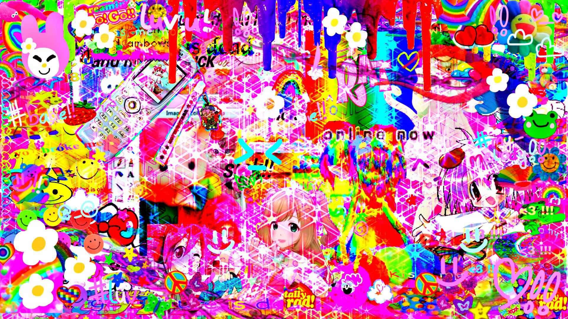 Glitch 桌布 壁紙 — 一個混亂的數位拼貼，充滿了霓虹粉紅花朵、彩虹、動漫角色和滴落的顏料，呈現出超風格化的故障美學。