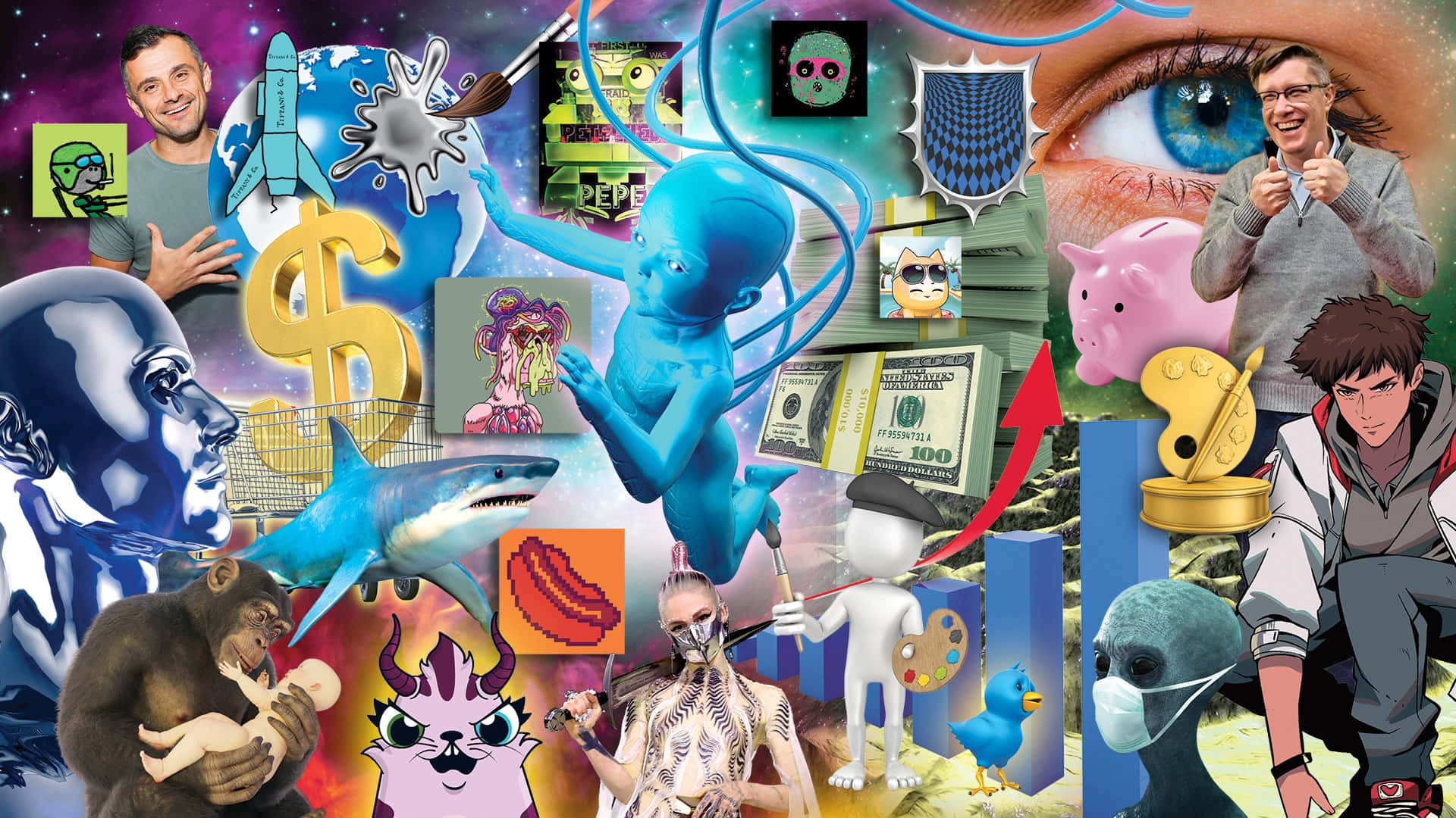 Cartoon Collage 桌布 壁紙 — 一個混亂的數位拼貼，充滿超現實元素，如藍色外星人、金錢、鯊魚和動漫角色，背景是宇宙。