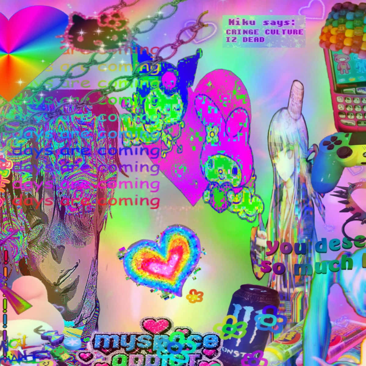 Scenecore 桌布 壁紙 — 一個混亂的數位拼貼，包含動漫角色、MySpace標誌和霓虹心形，背景為彩虹漸變色。