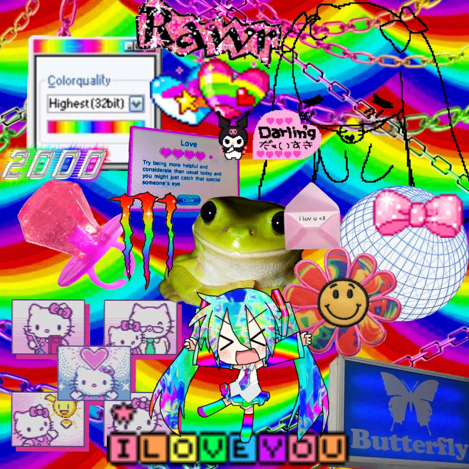 surreal 桌布 壁紙 — 一個混亂的數位拼貼，展現2000年代網際網路美學，帶有彩虹背景、動漫角色、Hello Kitty和閃亮物品。