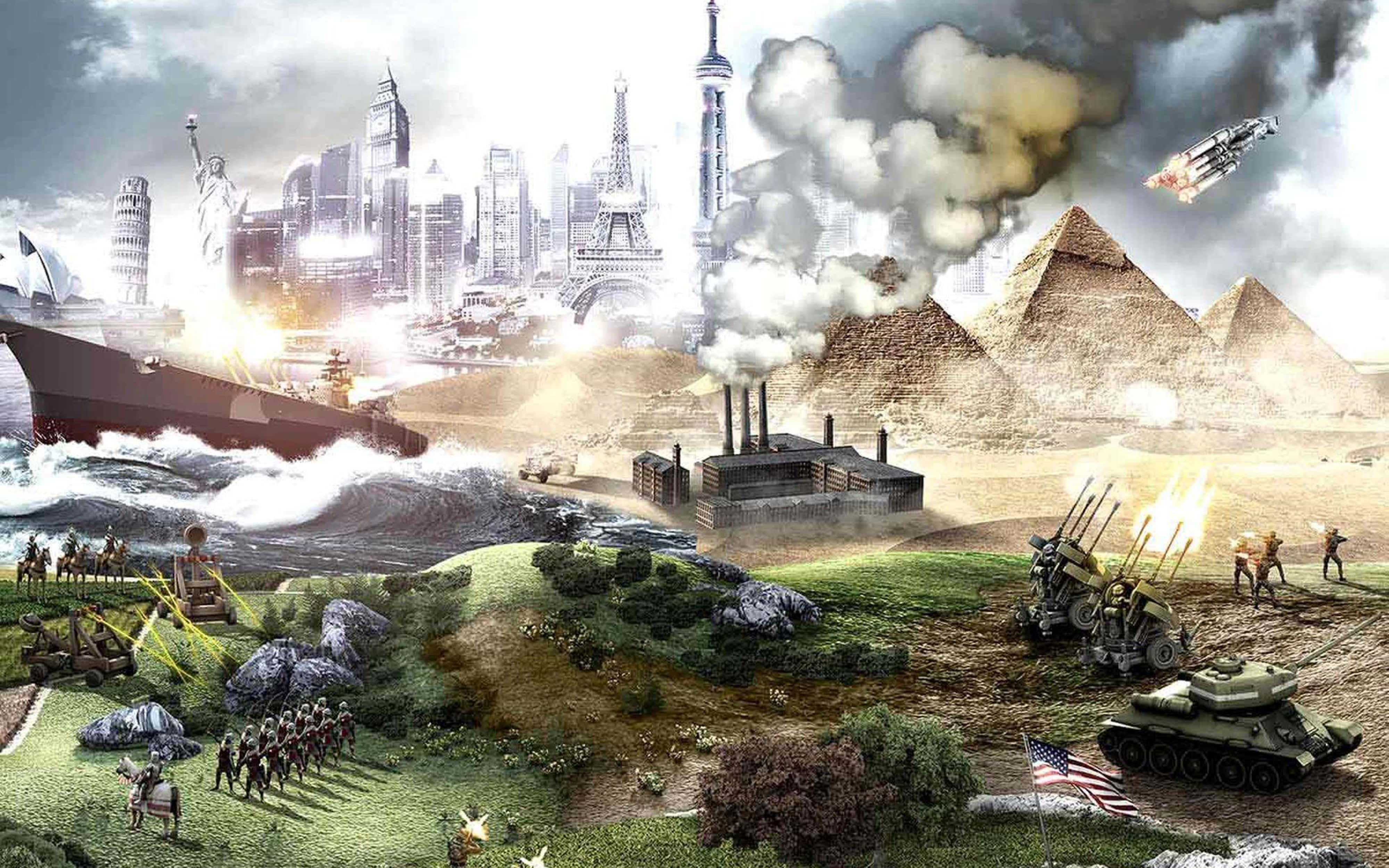 4K 桌布 壁紙 — 一個混亂的數位拼貼，描繪全球地標在煙霧和爆炸中被坦克、船隻和士兵圍攻。