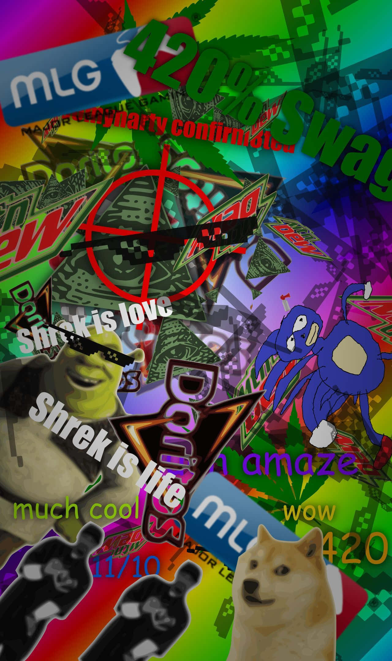 Memes 桌布 壁紙 — 一個混亂的數位拼貼畫，包含網路迷因和遊戲文化，色彩鮮豔，文字像素化。