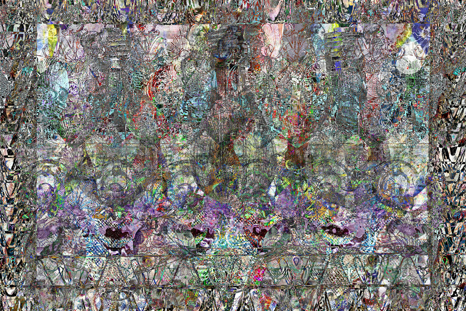 Magic Eye 桌布 壁紙 — 一個混亂的數位拼貼畫，由破碎的彩色圖案和故障紋理組成，形成抽象構圖。