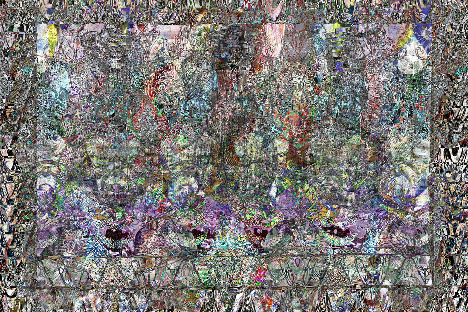 Magic Eye 桌布 壁紙 — 一個混亂的數位拼貼畫，由碎片化的彩色圖案和故障紋理組成抽象構圖。