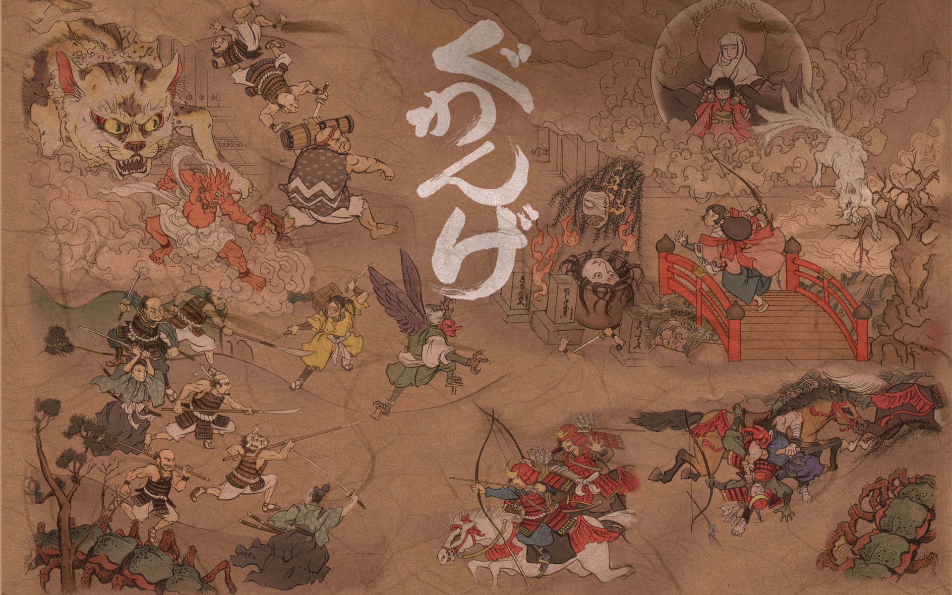 桌布 壁紙 — 一個混亂的日本浮世繪風格戰鬥場景，武士戰士在紅色橋上與惡魔和神話生物戰鬥。