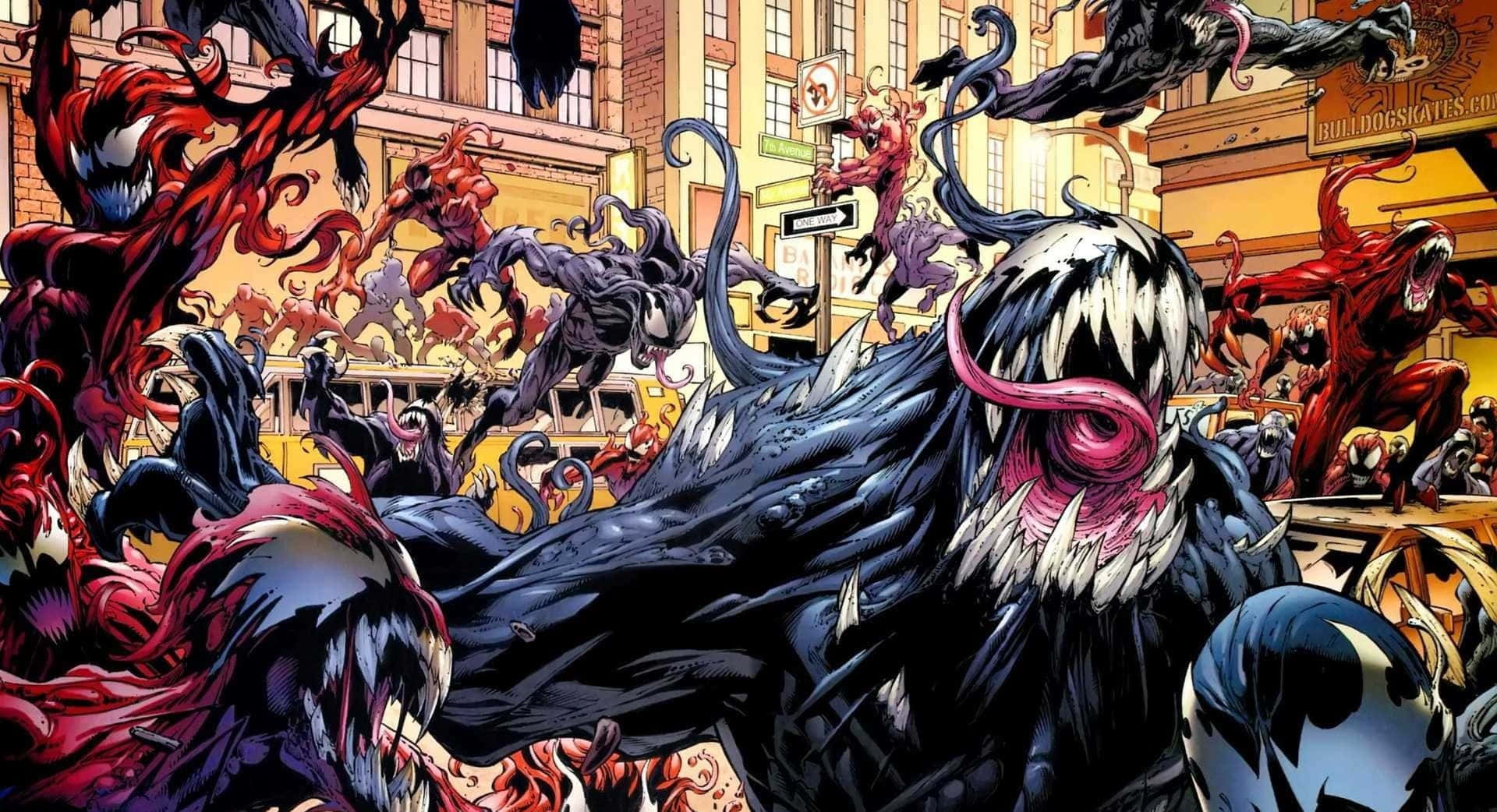 Best Marvel 桌布 壁紙 — 一個混亂的漫畫場景，Venom 和共生體在城市街道上橫衝直撞，背景有建築物和旁觀者。