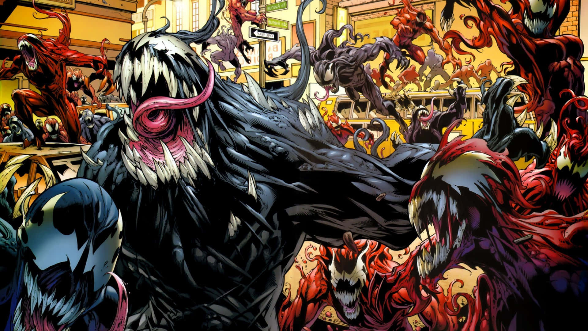 Cool Venom Vs Carnage 桌布 壁紙 — 一個混亂的漫畫場景，猛毒和屠殺在擠滿其他共生體的繁忙城市街道上戰鬥。