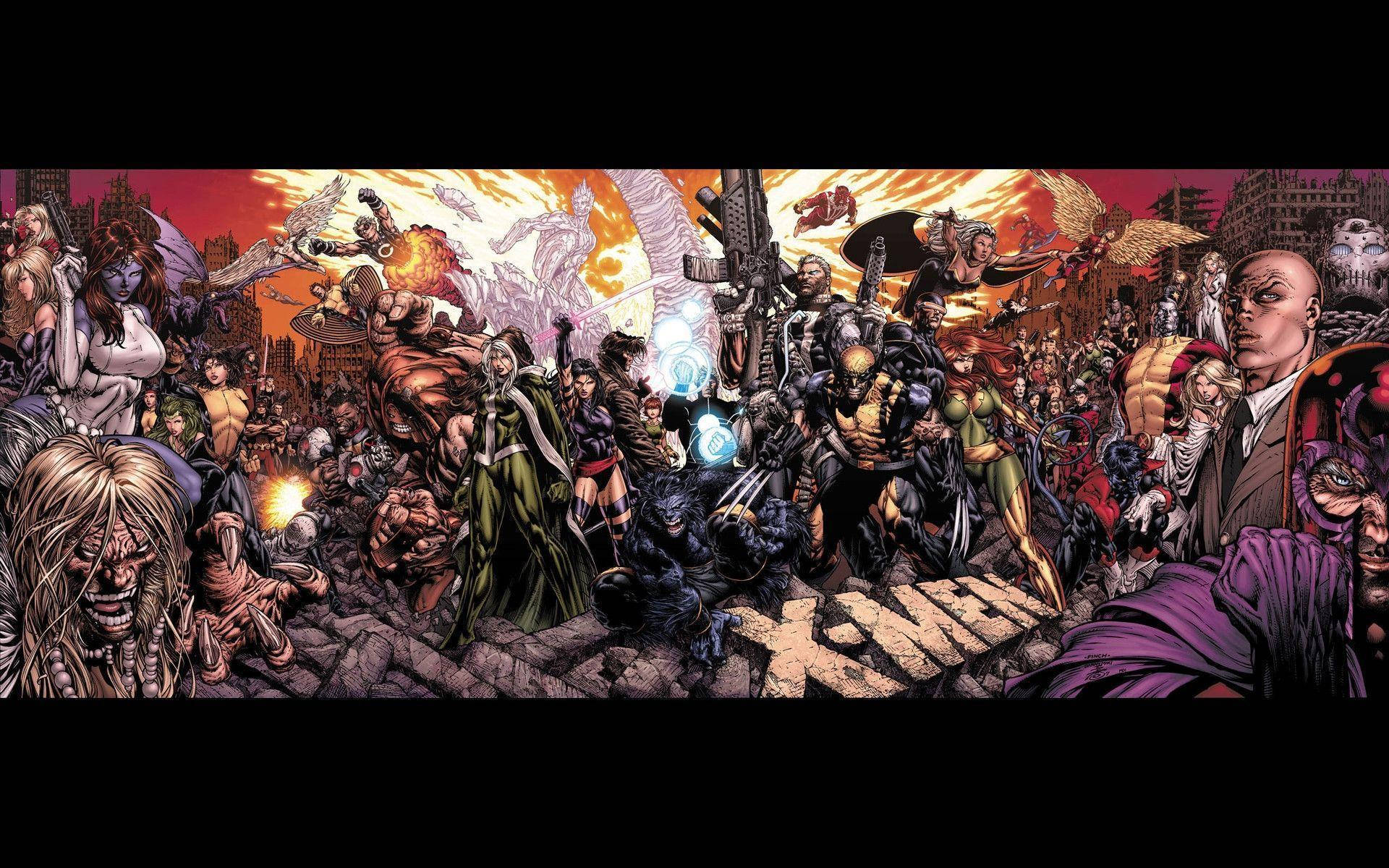 Villains 桌布 壁紙 — 一個混亂的漫畫戰鬥場景，超級英雄和反派在火紅天空下的廢墟城市中衝突。