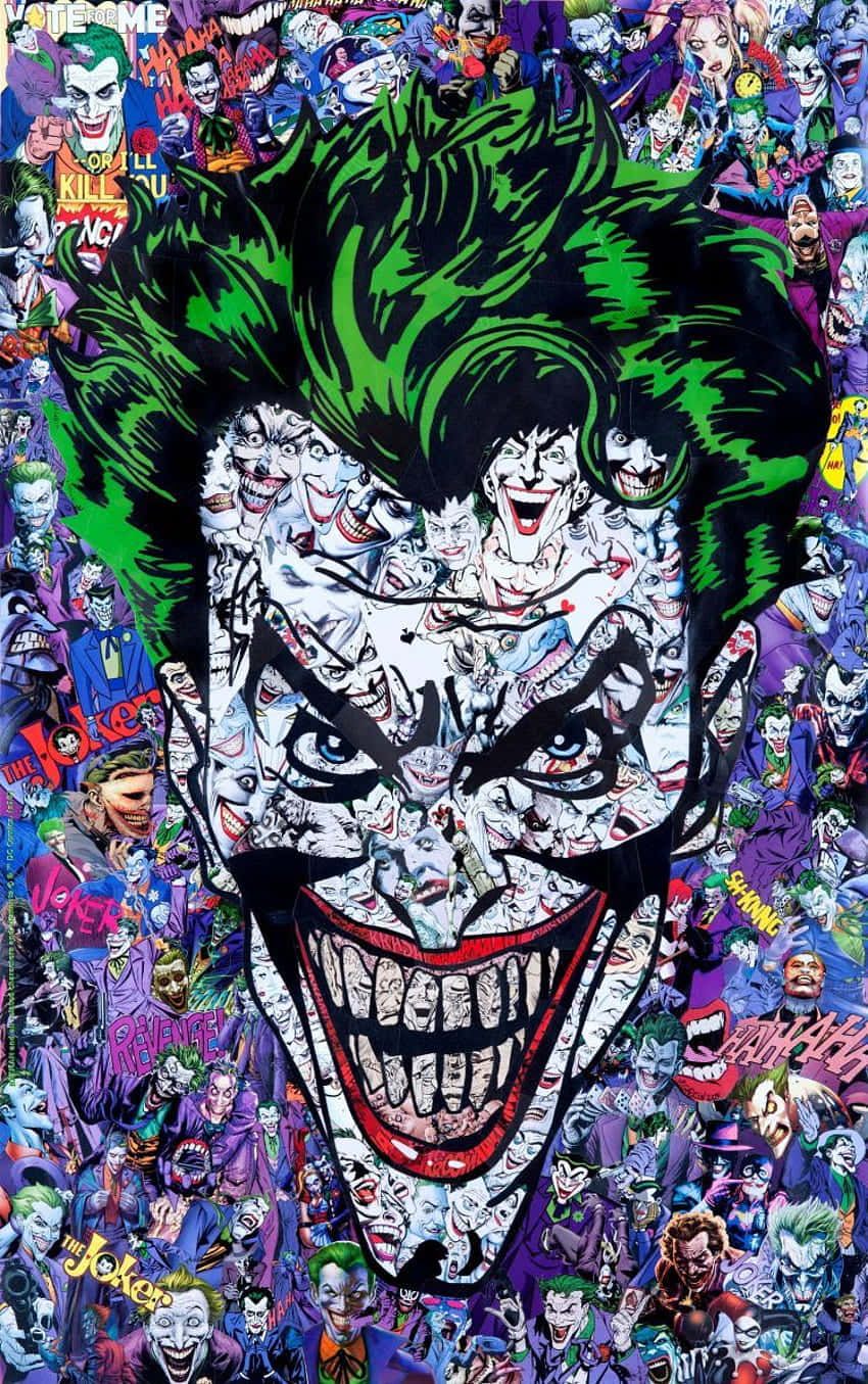 The Joker Comic 桌布 壁紙 — 一個混亂的漫畫拼貼畫，以小丑的臉為特色，由無數個他咧嘴笑的面孔組成，呈現出充滿活力的紫色、綠色和紅色色調。