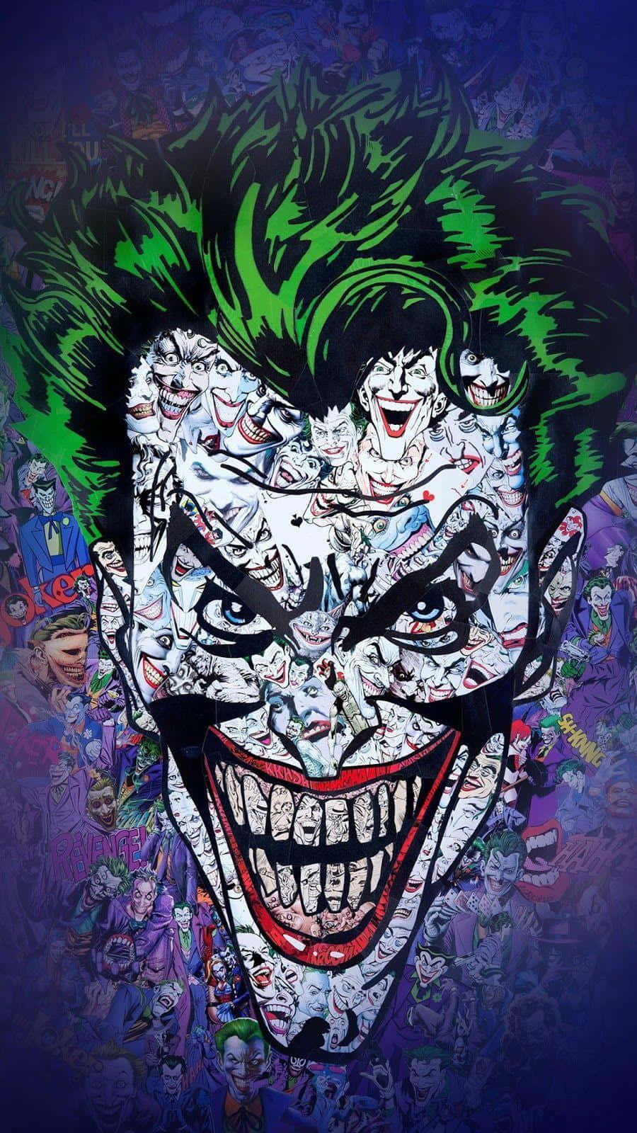 Joker Laughing 桌布 壁紙 — 一個混亂的漫畫拼貼畫，描繪小丑的臉，綠色頭髮，多個咧嘴笑的版本疊加在深紫色背景上。