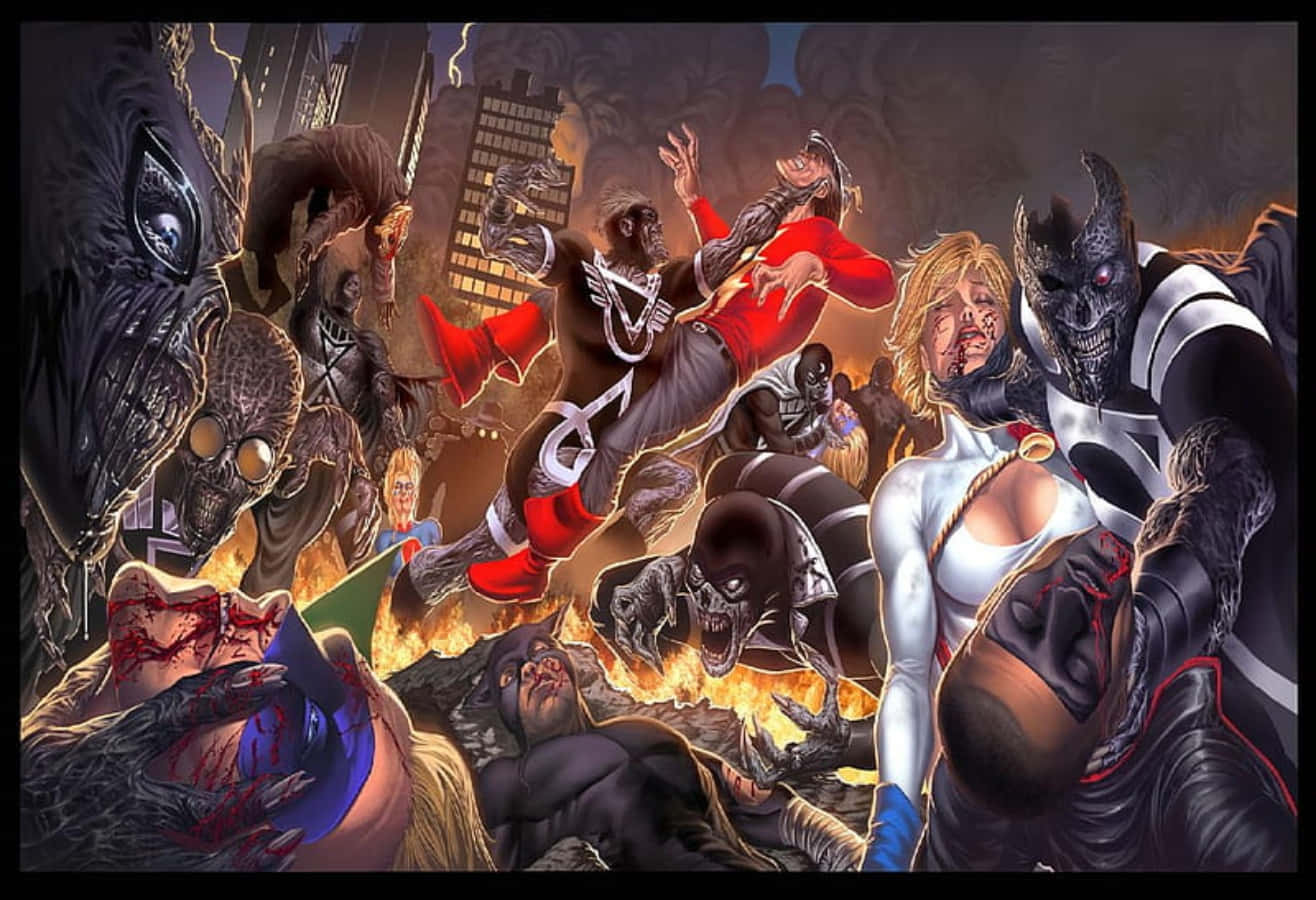Blackest Night 桌布 壁紙 — 一個混亂的漫畫書戰鬥場景，怪物般的反派和英雄在燃燒的破壞中，背景是 crumbling 的城市景觀。