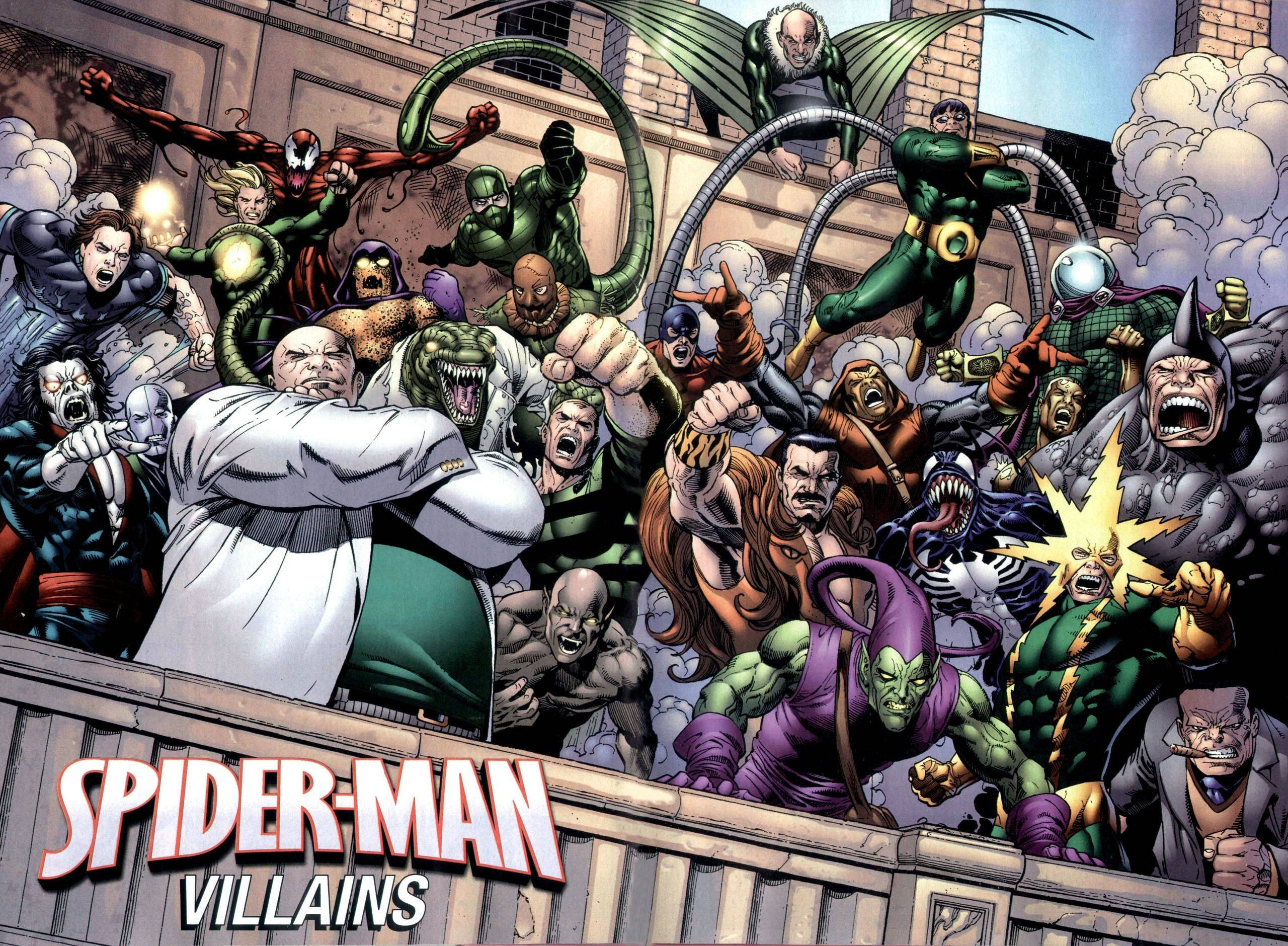 Villains 桌布 壁紙 — 一個混亂的漫畫面板顯示數十個蜘蛛人反派在 gritty 的城市環境中從屋頂咆哮並撲出。