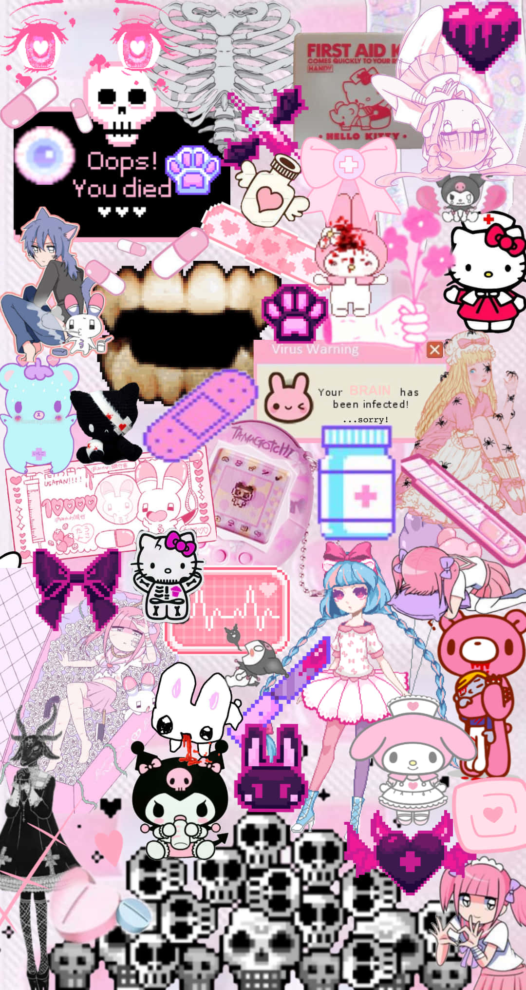 Yami Kawaii 桌布 壁紙 — 一個混亂的粉紅色數位拼貼畫，包含動漫角色、醫療主題和可愛吉祥物，呈現故障風格的遊戲結束美學。
