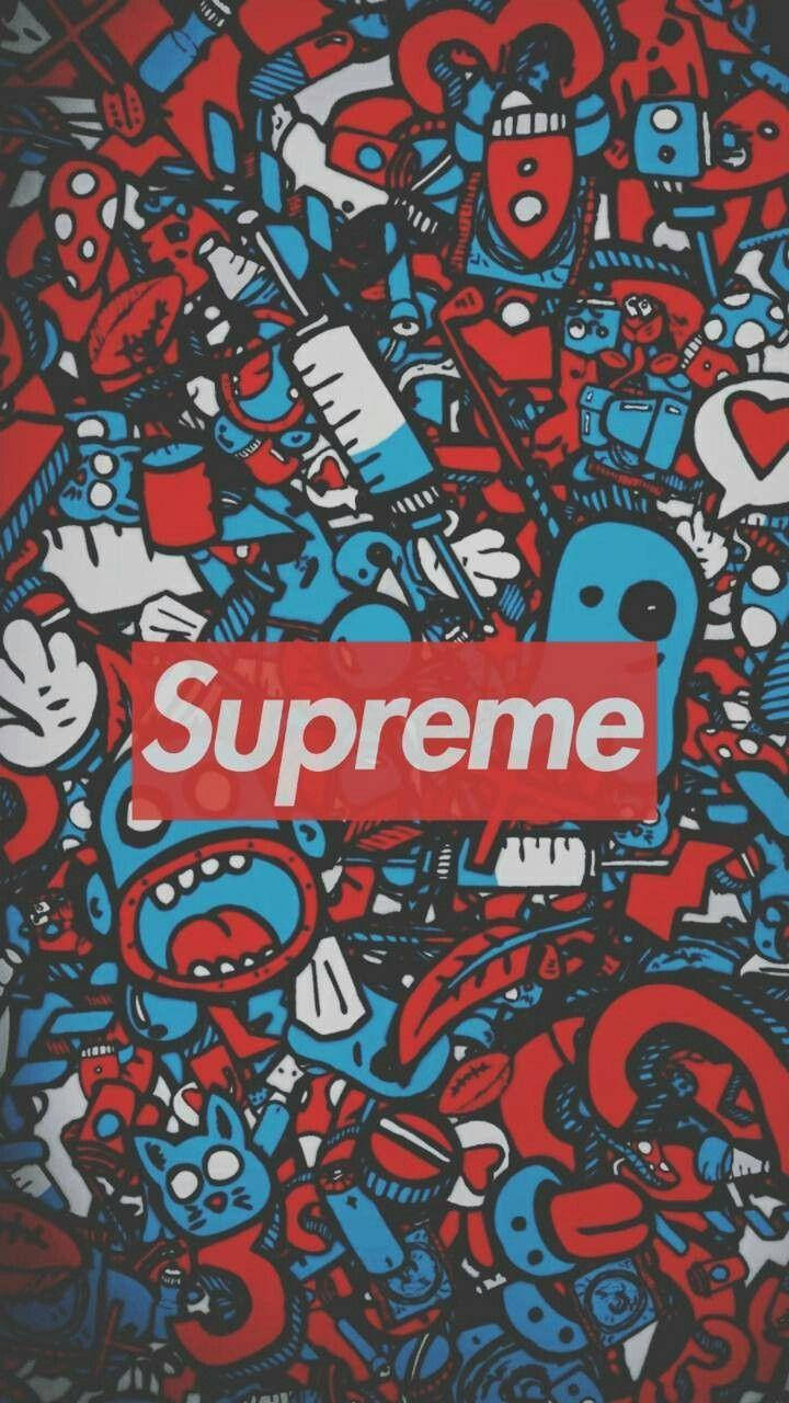 Dope Supreme 桌布 壁紙 — 一個混亂的紅色和藍色塗鴉圖案，充滿卡通人物和物體，圍繞著一個紅色的Supreme標誌。