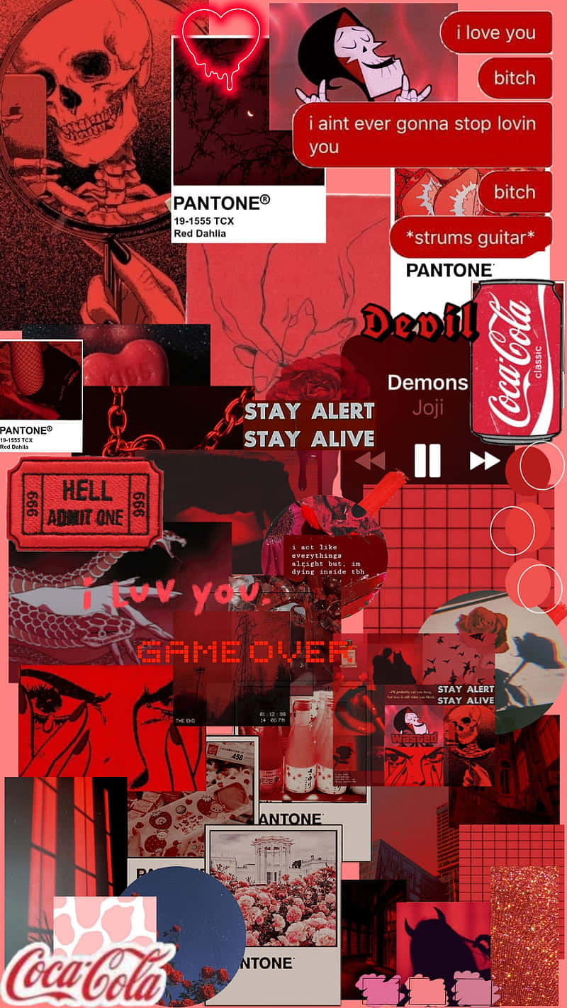 Soft Red Aesthetic 桌布 壁紙 — 一個混亂的紅色拼貼畫，以頭骨、可口可樂罐和流行文化語錄為特色，採用粗糙的數位藝術風格。