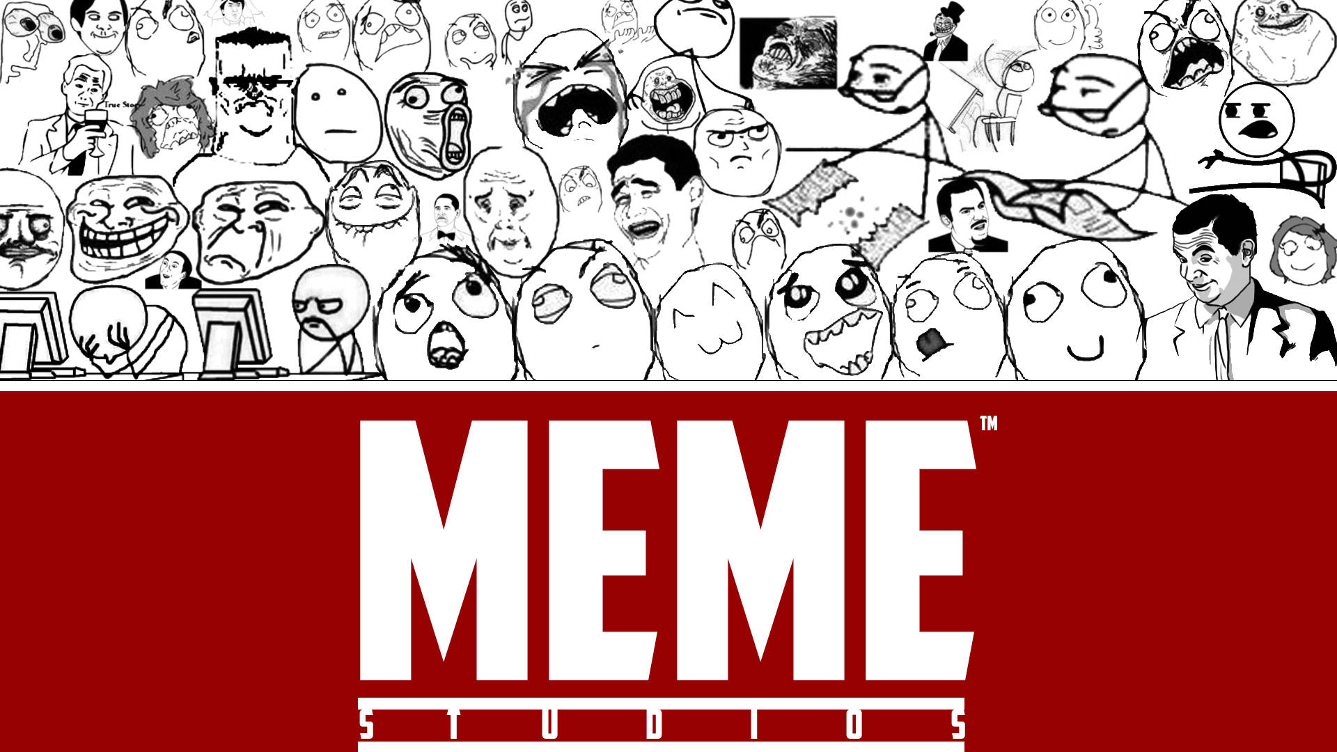 meme 桌布 壁紙 — 一個混亂的網路迷因面孔拼貼，上方有一個大膽的紅色橫幅，上面用白色粗體字寫著 MEME STUDIOS。