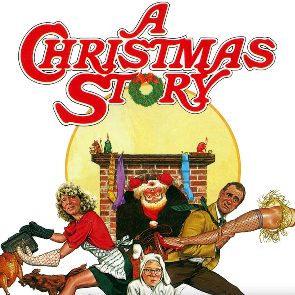 a christmas story 桌布 壁紙 — 一個混亂的聖誕場景，A Christmas Story 的角色從壁爐中爆發出來，背景是黃色的太陽。