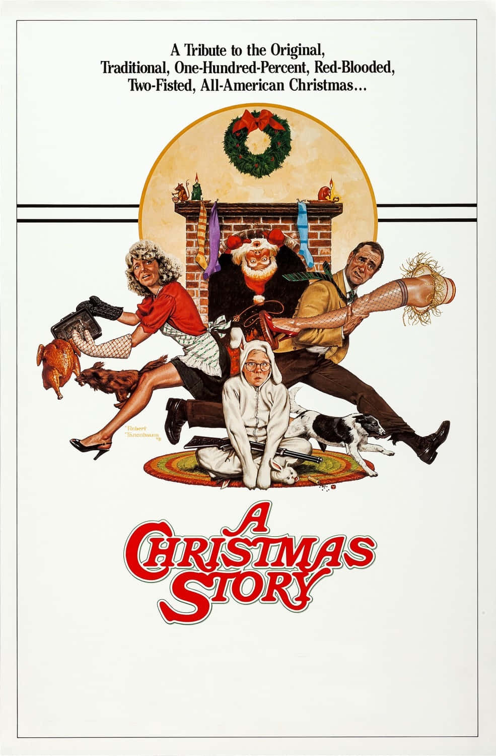 a christmas story 桌布 壁紙 — 一個混亂的聖誕場景，客廳裡有角色，包括壁爐、花環和一隻狗，全部以復古插圖風格呈現。