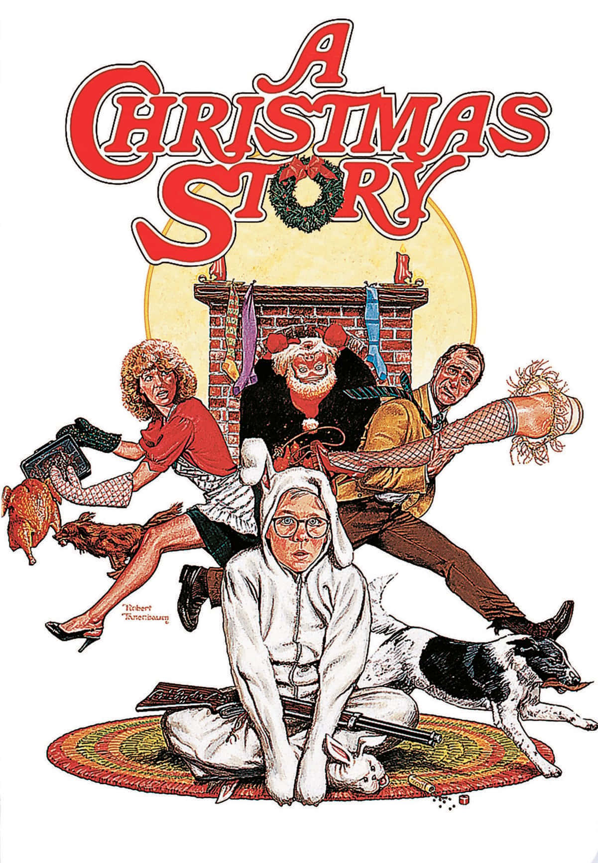 a christmas story 桌布 壁紙 — 一個混亂的聖誕插圖，一個穿著兔子套裝的男孩拿著步槍，周圍是慌亂的家庭成員和一隻狗，在帶有花環的壁爐下。