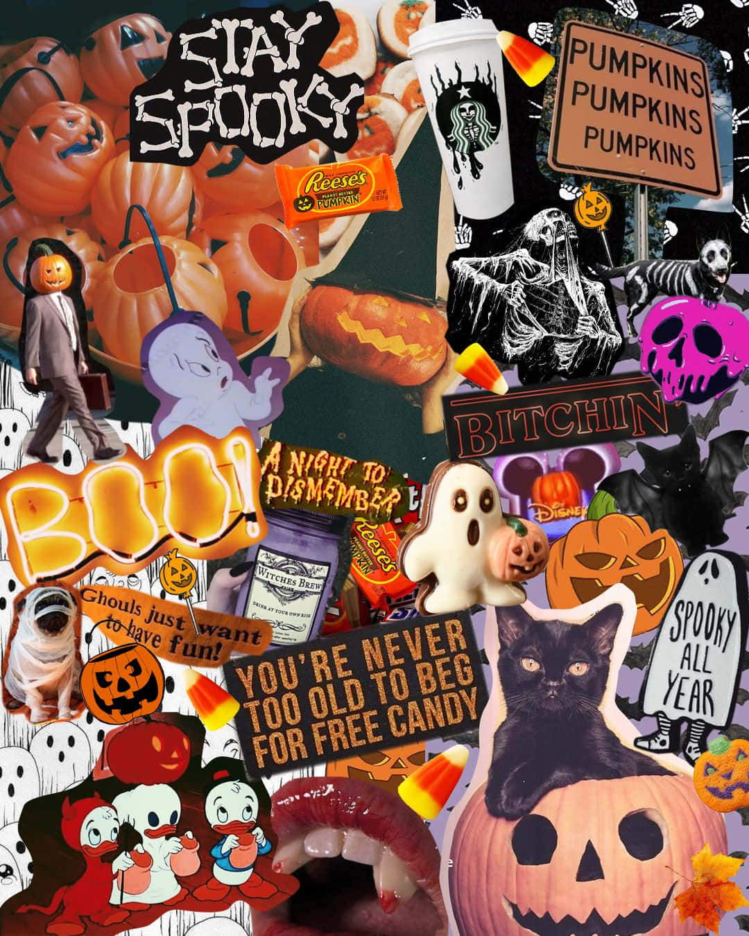 Spooky Halloween 桌布 壁紙 — 一個混亂的萬聖節拼貼畫，充滿了南瓜、糖果、鬼魂和恐怖的標誌，採用充滿活力的橙色、黑色和紫色色調。