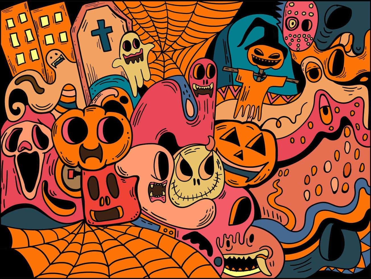 Aesthetic Halloween 桌布 壁紙 — 一個混亂的萬聖節拼貼畫，包含卡通風格的鬼魂、南瓜、骷髏頭和怪物，採用大膽的橙色、粉紅色和藍色色調。