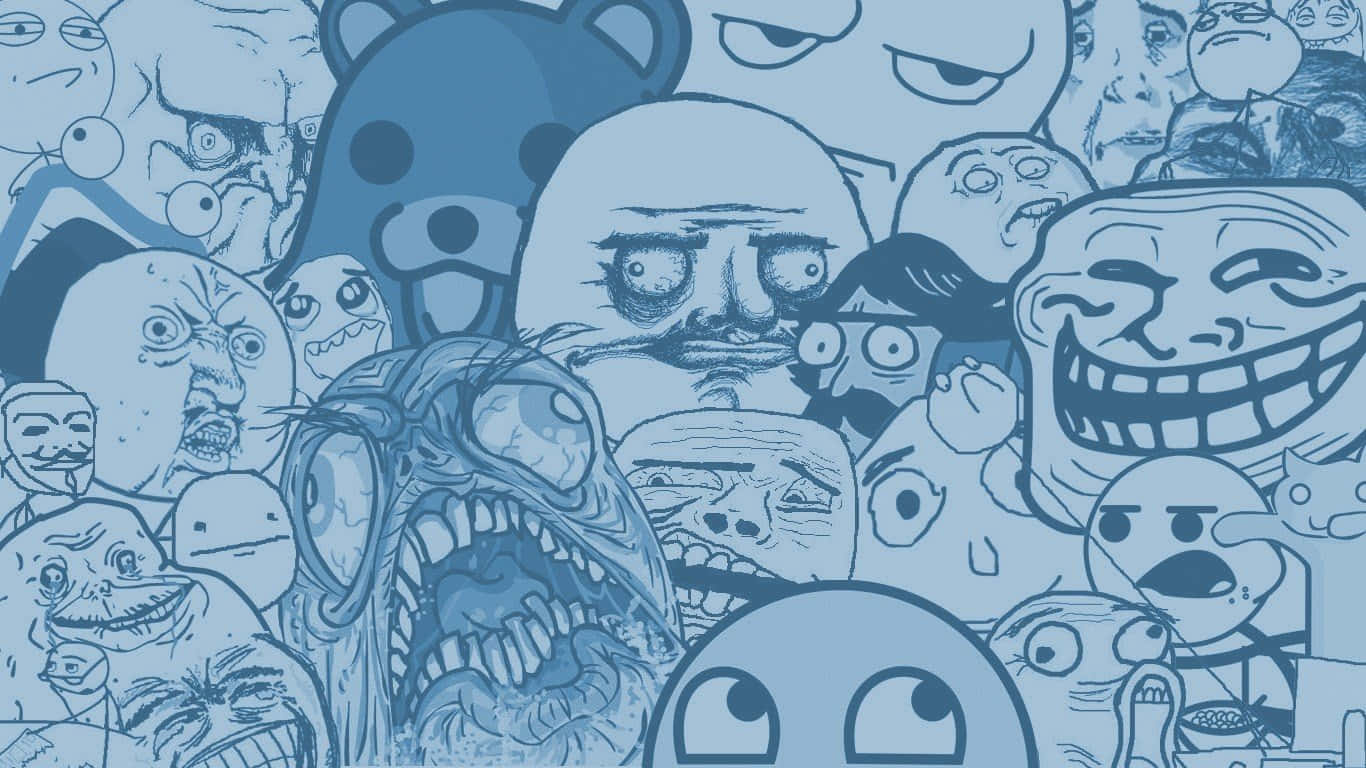 meme 桌布 壁紙 — 一個混亂的藍色調拼貼畫，包含網路迷因和扭曲的卡通面孔，密集重疊的構圖。