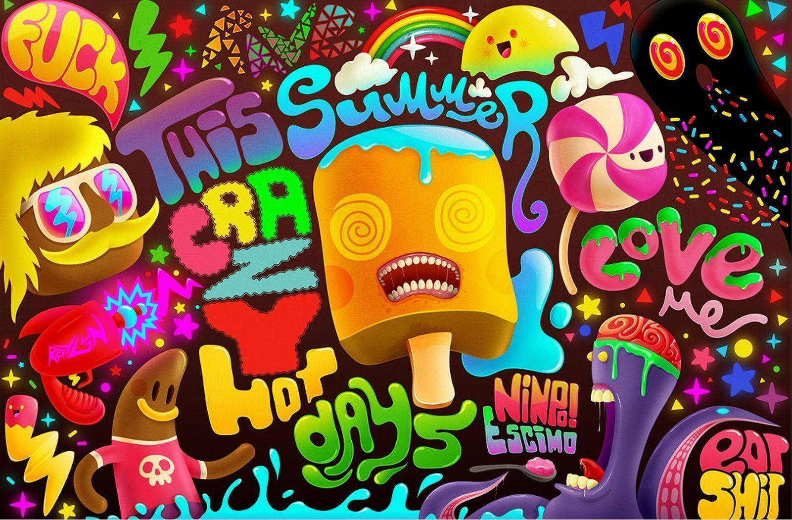 Trippy Cartoon 桌布 壁紙 — 一個混亂的迷幻拼貼畫，包含卡通角色和文字，以滴落的冰淇淋和糖果慶祝瘋狂的夏天。
