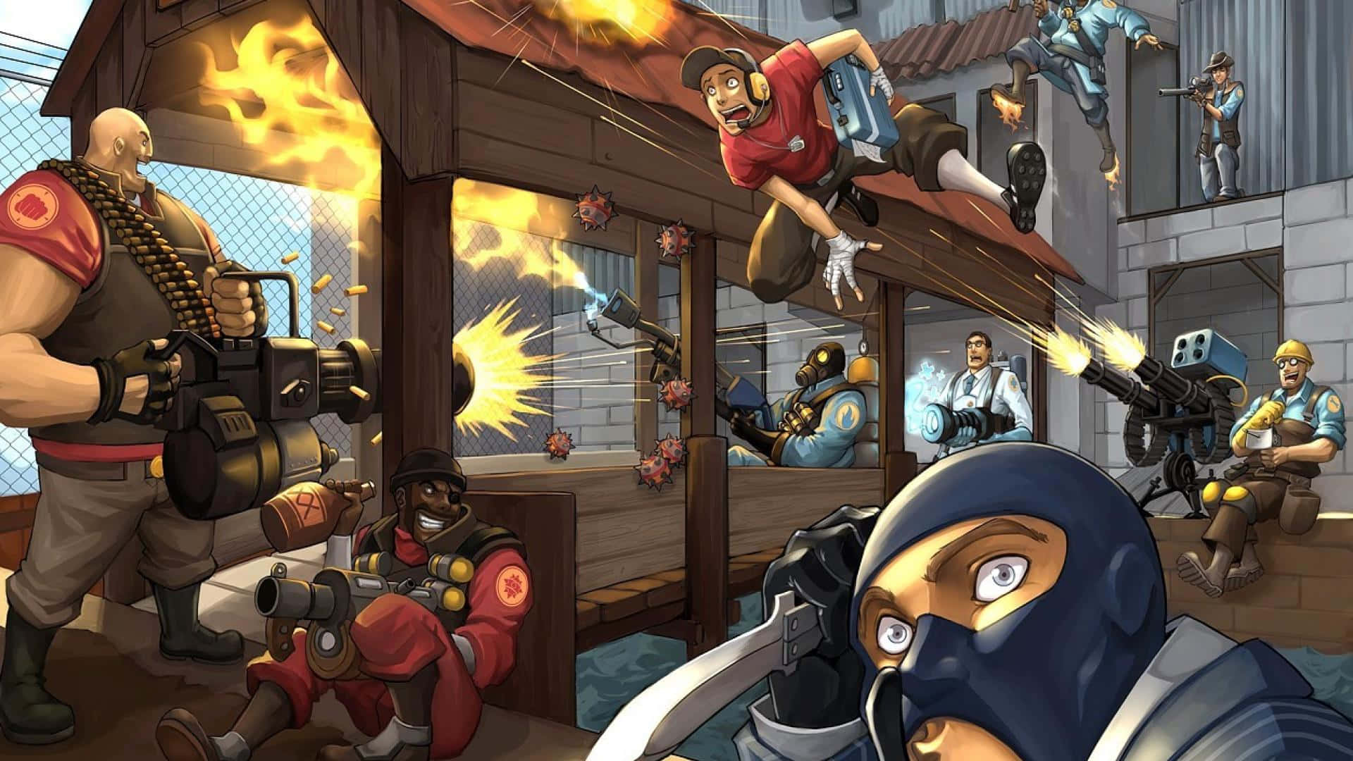 Team Fortress 2 Characters 桌布 壁紙 — 一個混亂的遊戲場景，動畫角色在木建築中發射武器並發生爆炸。