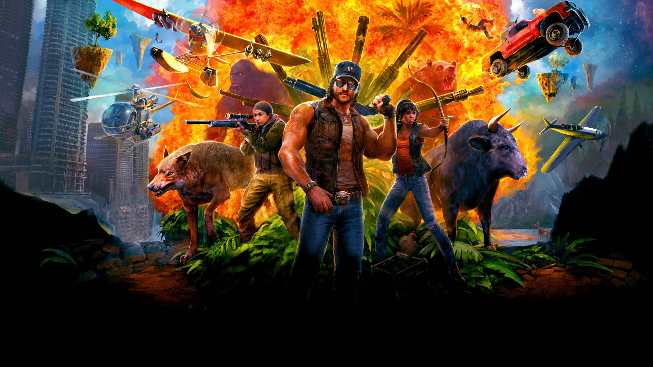 Far Cry 5 桌布 壁紙 — 一個混亂的遊戲場景，有武裝角色、動物和飛行車輛在火熱的城市背景下爆炸。