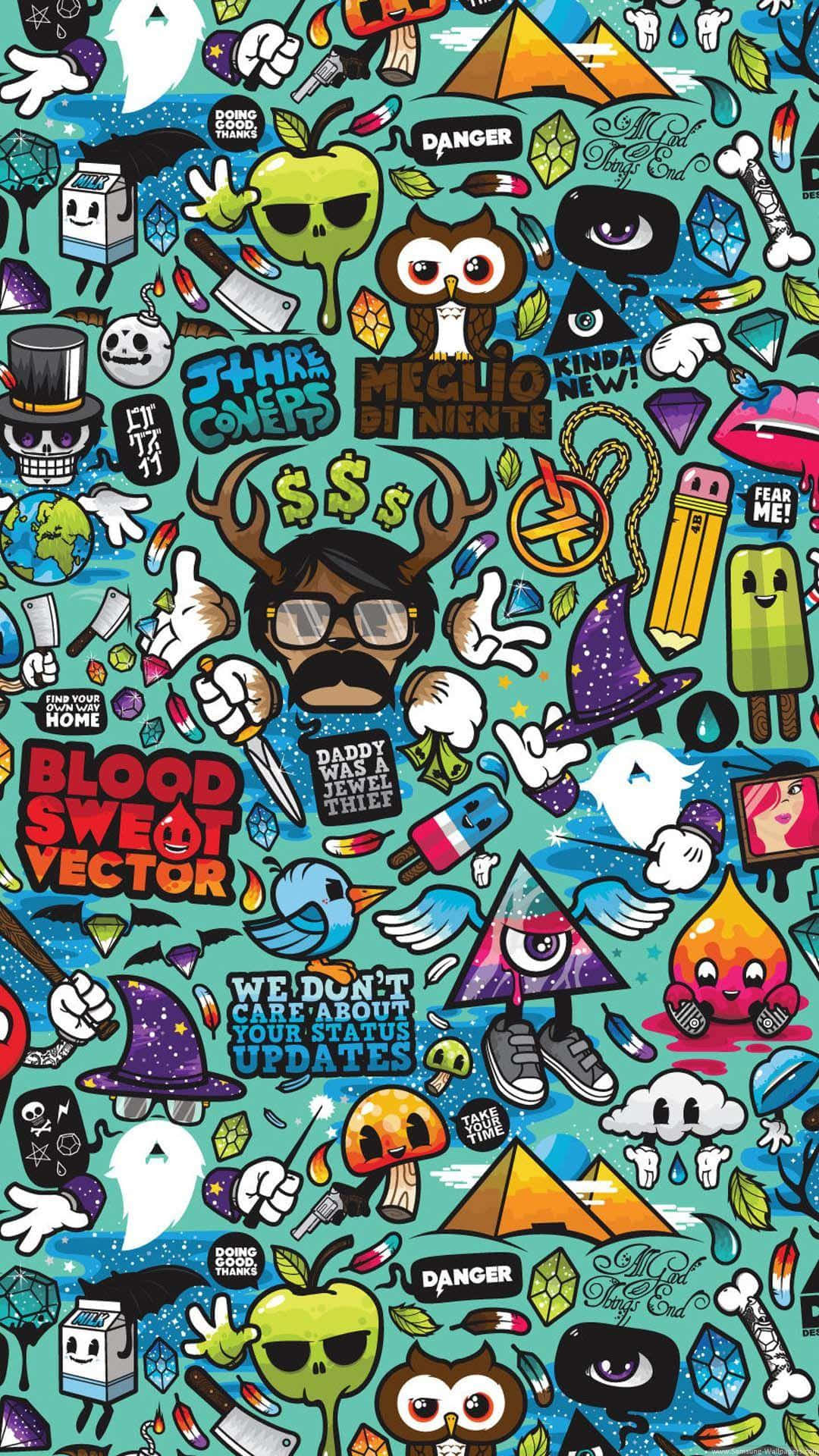 Cartoon Art 桌布 壁紙 — 一個混亂的青綠色背景，充滿了卡通骷髏、貓頭鷹、寶石和流行文化圖標，以充滿活力的貼紙拼貼風格呈現。