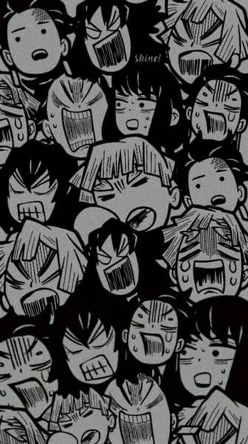 Black Aesthetic Anime 桌布 壁紙 — 一個混亂的黑白動漫桌布，充滿重疊的憤怒尖叫面孔。