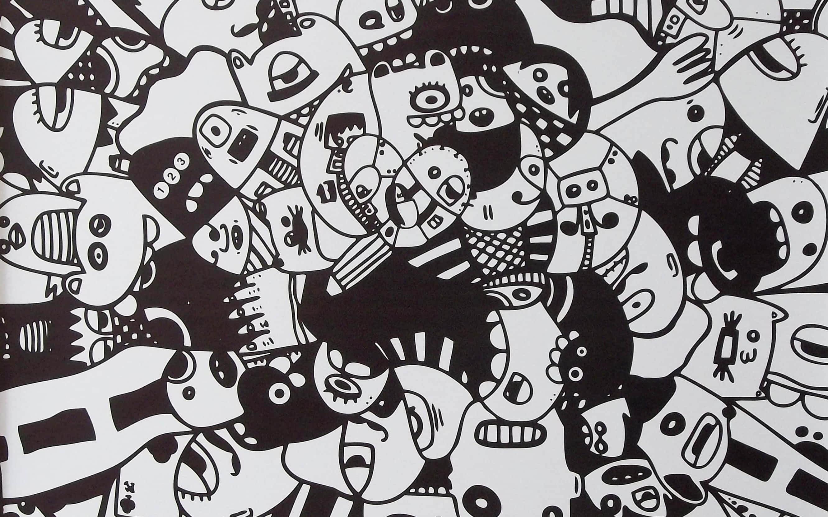 Black And White Graffiti 桌布 壁紙 — 一個混亂的黑白塗鴉圖案，充滿重疊的卡通面孔和抽象形狀。