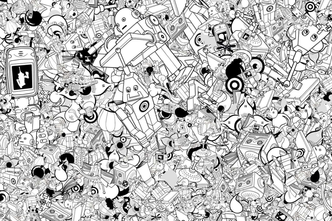 Black And White Comic 桌布 壁紙 — 一個混亂的黑白塗鴉拼貼畫，包含機器人、小工具和卡通人物，以密集重疊的圖案呈現。