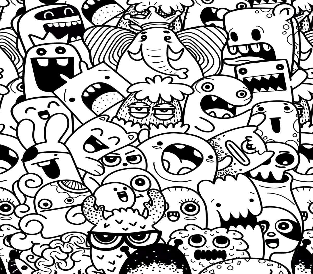 塗鴉動圖 桌布 壁紙 — 一個混亂的黑白塗鴉拼貼畫，描繪了帶有誇張表情和圖案的卡通怪物。