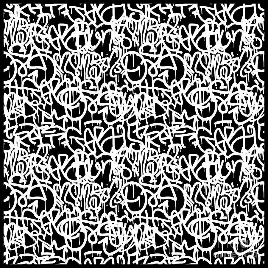 Black And White Graffiti 桌布 壁紙 — 一個混亂的黑白抽象圖案，由滴落的塗鴉風格字母組成，填滿整個畫面。