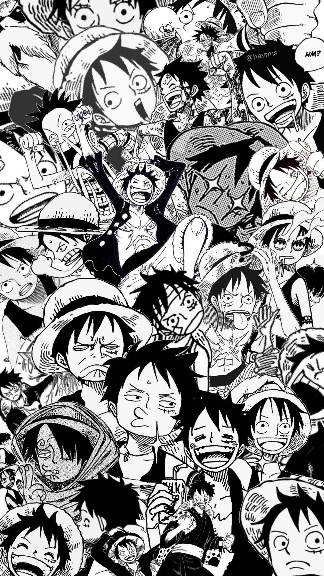 One Piece Phone 桌布 壁紙 — 一個混亂的黑白拼貼畫，包含《ONE PIECE》角色，表情誇張，姿勢動感。