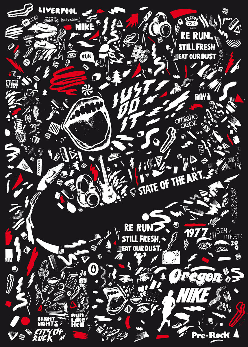 Nike 桌布 壁紙 — 一個混亂的黑白拼貼畫，包含Nike跑步圖標、口號和符號，並帶有紅色點綴。