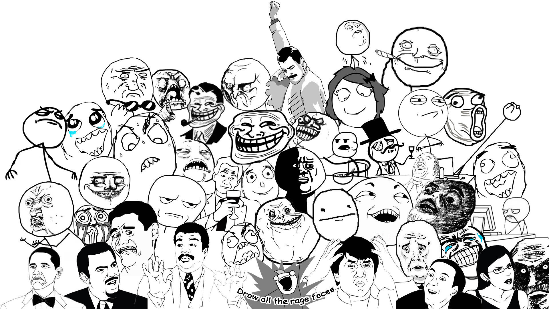 faces 桌布 壁紙 — 一個混亂的黑白拼貼畫，包含密集的網路憤怒表情和迷因角色。