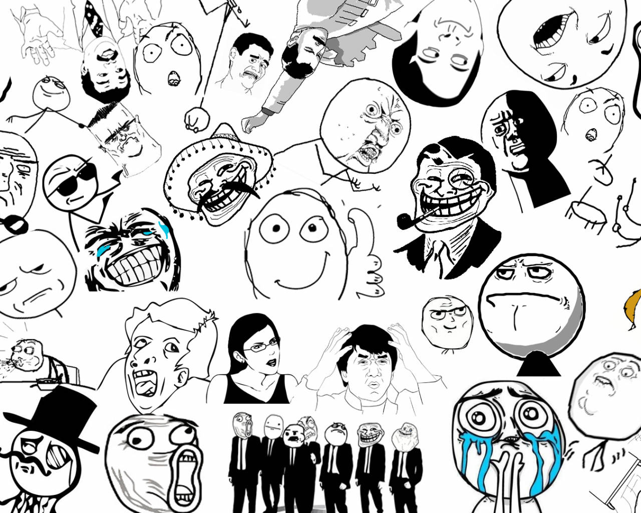 faces 桌布 壁紙 — 一個混亂的黑白拼貼畫，包含表情誇張的網路迷因面孔。