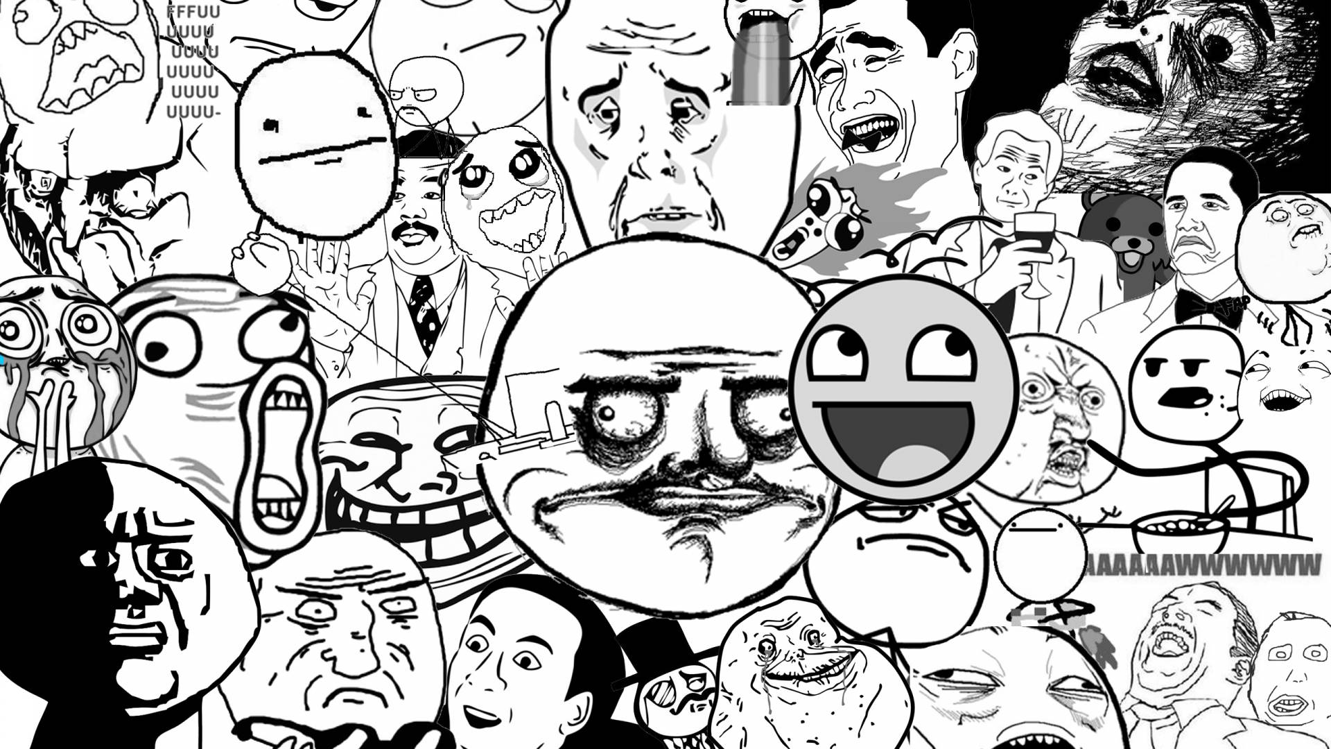faces 桌布 壁紙 — 一個混亂的黑白拼貼畫，包含誇張的網路迷因和卡通面孔，表情扭曲。