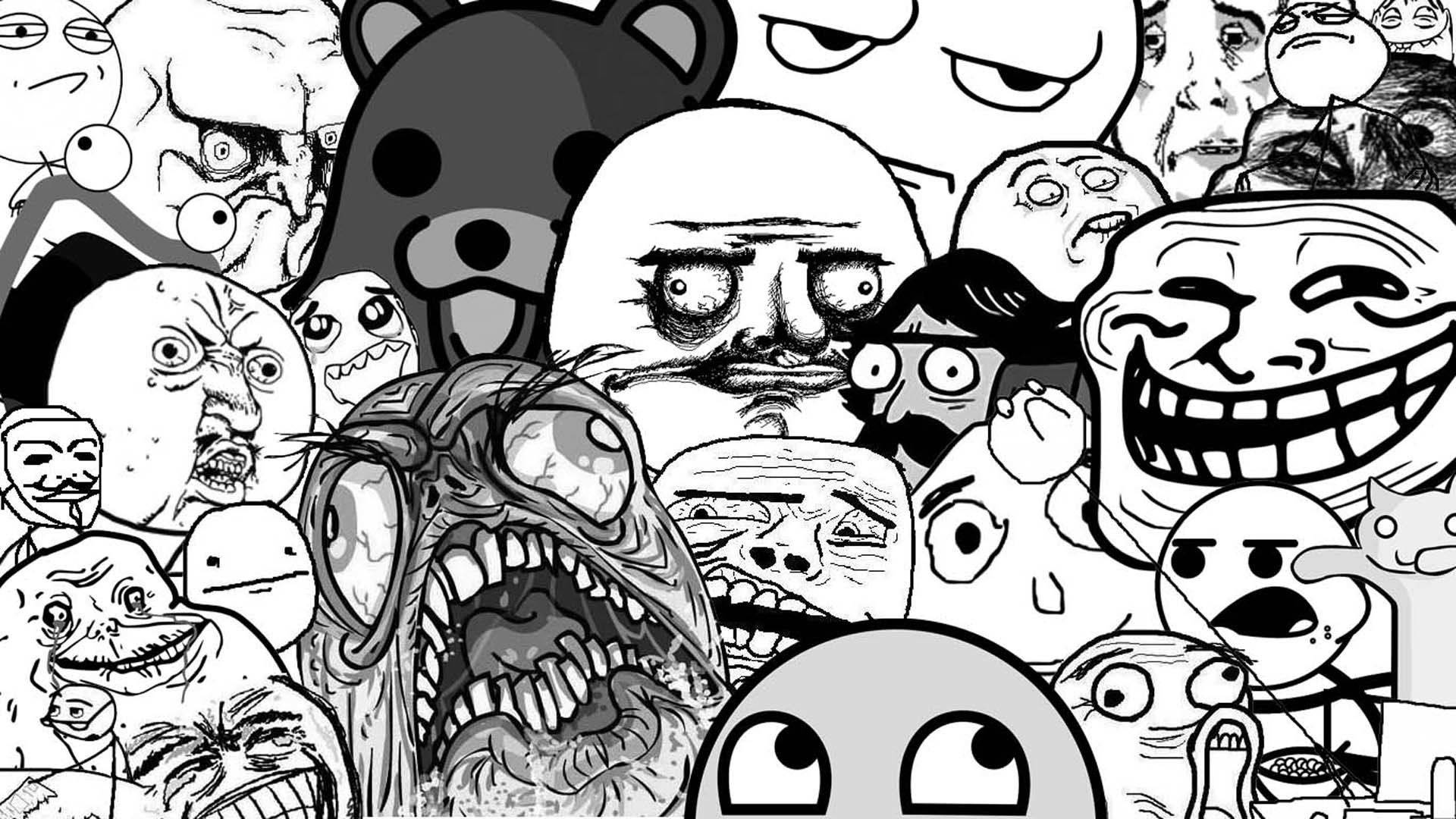 meme 桌布 壁紙 — 一個混亂的黑白拼貼畫，包含誇張的網路迷因和扭曲表情的卡通面孔。