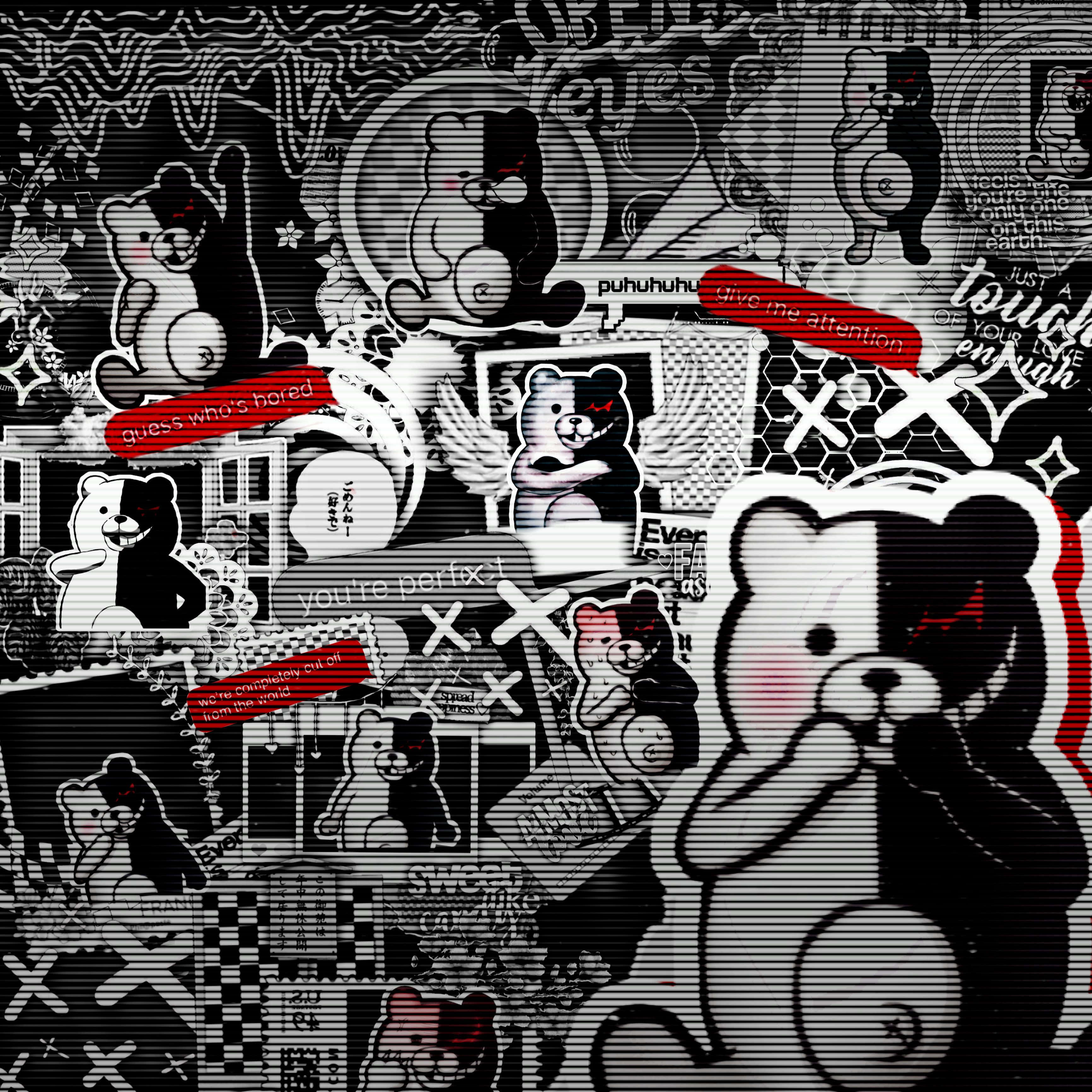 Black And White Anime Aesthetic 桌布 壁紙 — 一個混亂的黑白拼貼畫，由半黑半白的熊貼紙組成，帶有紅色文字疊加和故障效果。