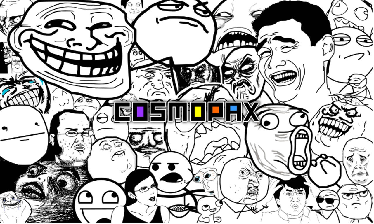 faces 桌布 壁紙 — 一個混亂的黑白拼貼畫，由網路迷因和誇張的卡通面孔圍繞著 COSMOPAX 這個詞。