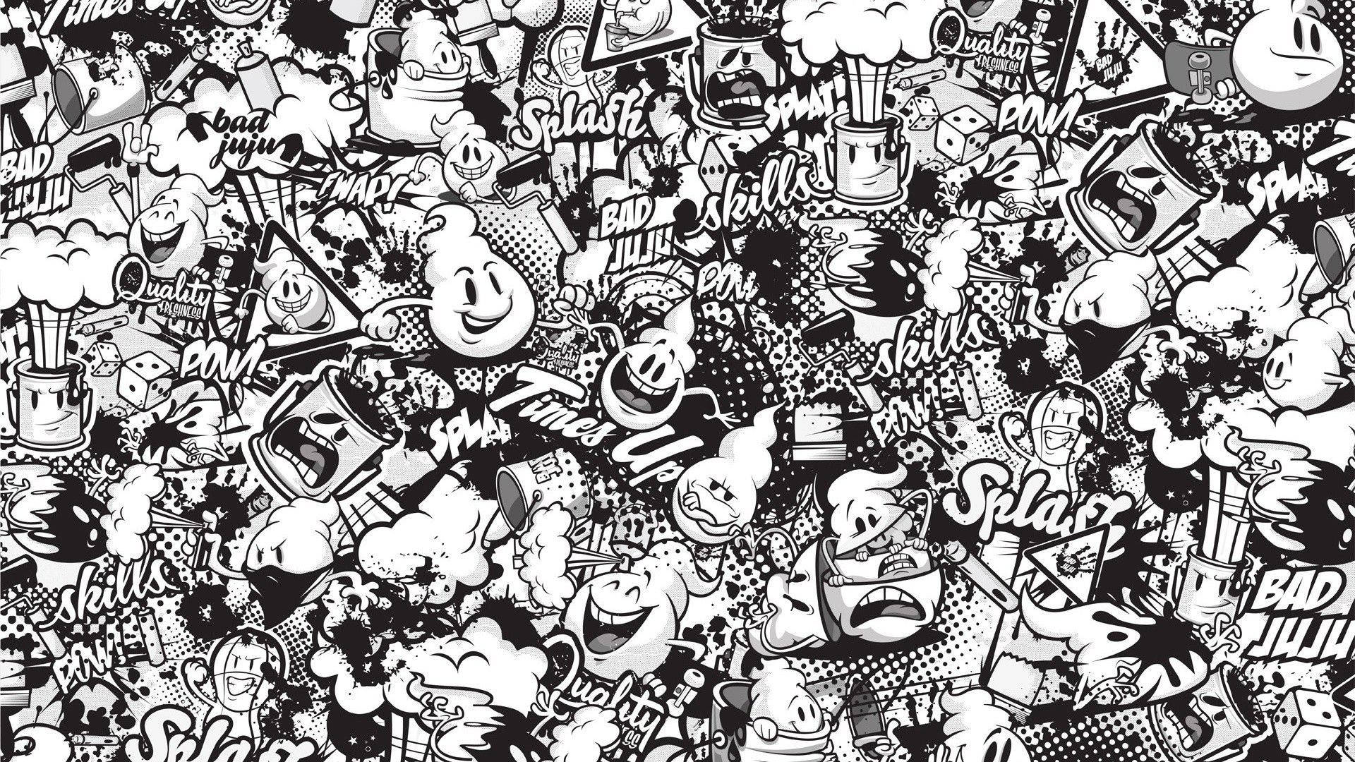 Black And White Graffiti 桌布 壁紙 — 一個混亂的黑白漫畫風格桌布，充滿卡通人物、音效和普普藝術元素。
